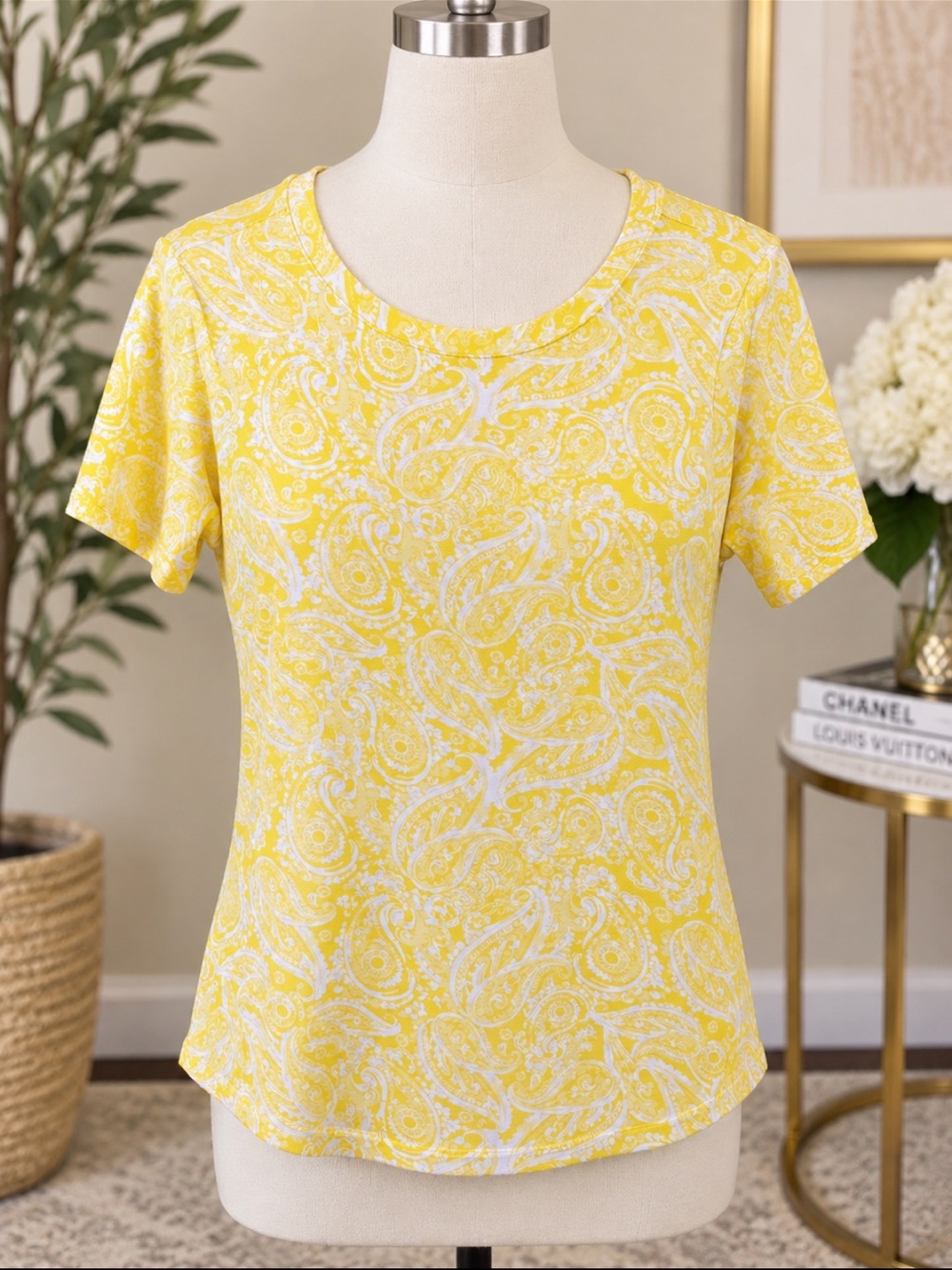 crown & ivy Yellow Paisley Short Sleeve Tee